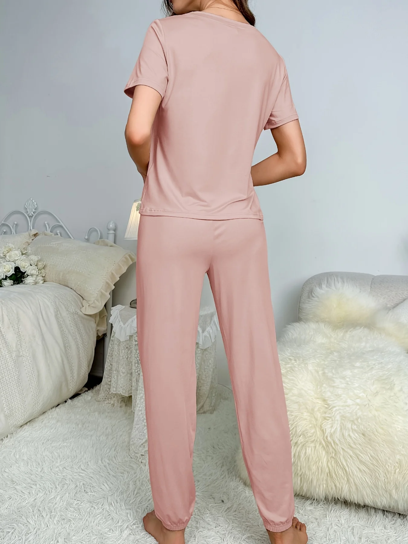 Women\'s new style pajamas short sleeve trousers elegant casual two-piece solid color home wear