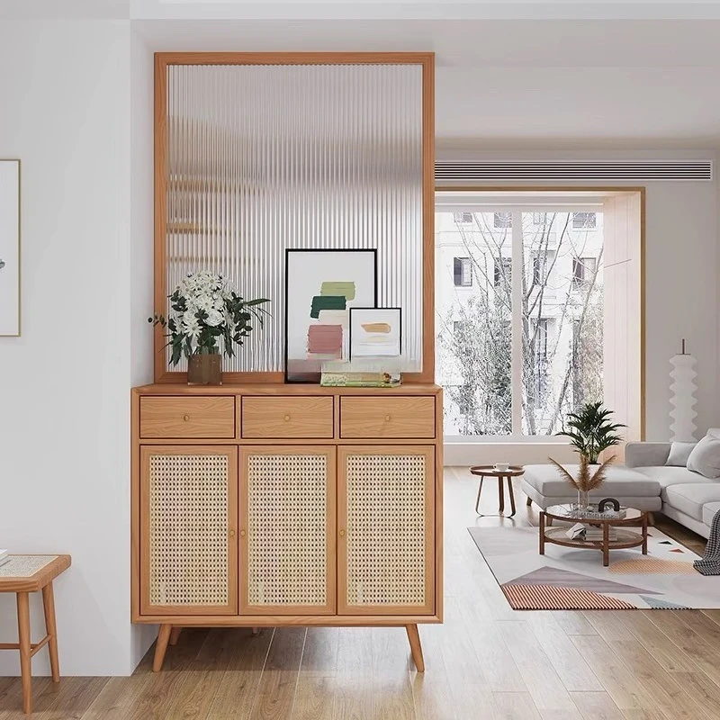 Japanese cherry wood  entrance hall, living room, hole board, Changhong glass partition, rattan integrated screen, shoe cabinet
