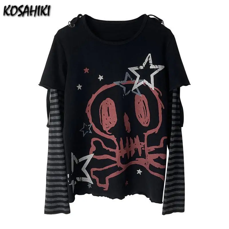 Fake 2 Piece T-shirt Women Striped Long Sleeve Patch Skull Print Harajuku Goth Tshirts Y2k Aesthetic Grunge Graphic Kawaii Tees