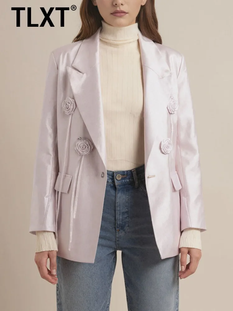 

TLXT Fashion Women's Satin Blazer Lapel Loose Fit Single Button 3D Flower Long Sleeves Suit Jacket New 2025 Spring New XK1501