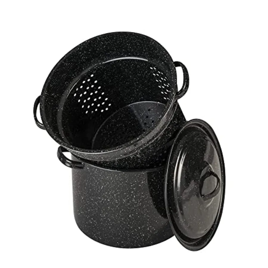 7.5 Qt 3 Piece Multiuse Pasta Pot Set Strainer Pot with lid. Speckled Black Seafood Soups Sauce Large Capacity. Easy to Clean.