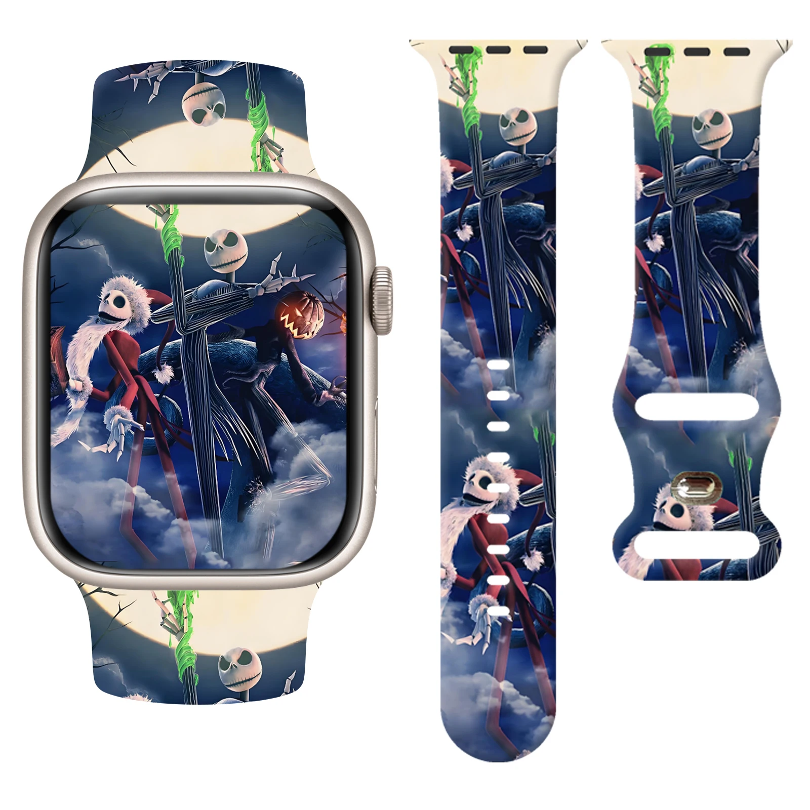 

Halloween Misty Night Jack & Sally Theme Print Band for Apple Watch Series 11/10/9, Soft Waterproof Silicone 46mm 45mm 44mm 42mm