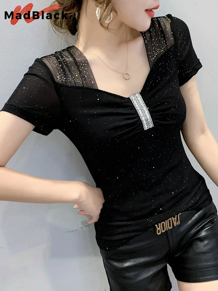 MadBlack Summer European Clothes Casual T-Shirt Sexy Chic Spliced Diamonds Women Tops Short Sleeve All Match 2022 Tees T24213X