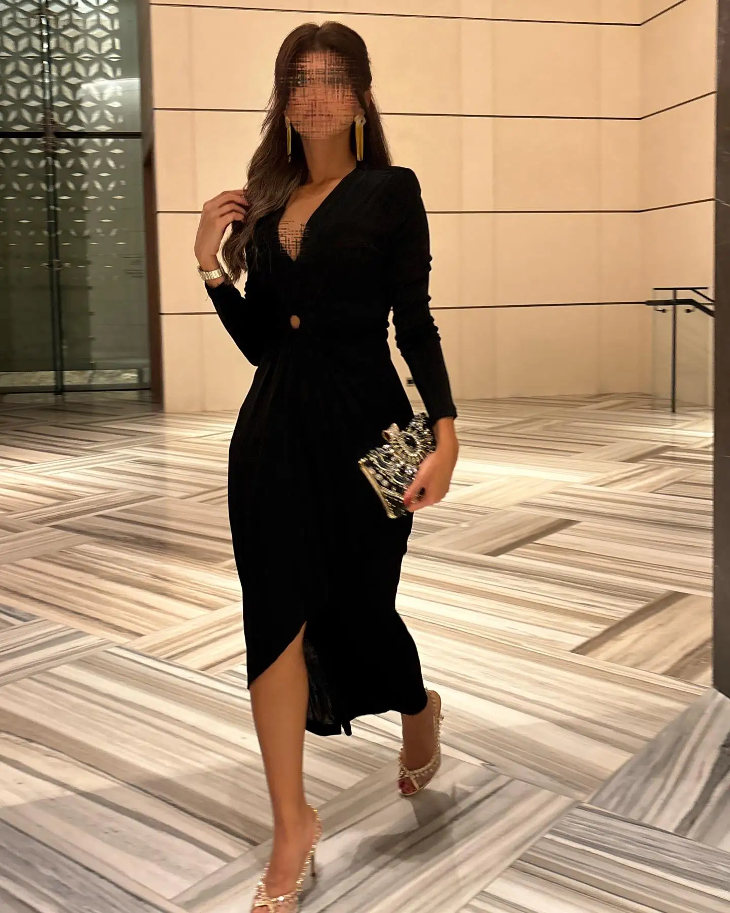 

Customized Elegant Black Jersey Evening Dresses Formal Draped V-Neck Robe de soirée Fashion Long Sleeves Bespoke Occasion Gowns