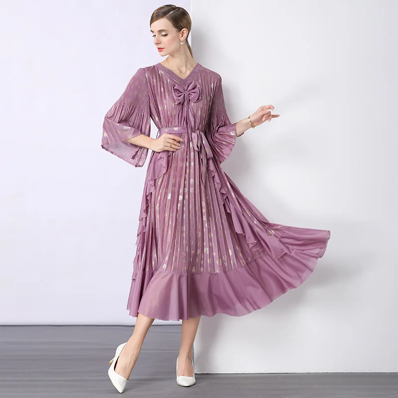 

High Quality Bow Pleated Dresses Spring Women Long Sleeve Lace Up Pullover Dress Autumn High Waist Big Swing Knee Length Dress