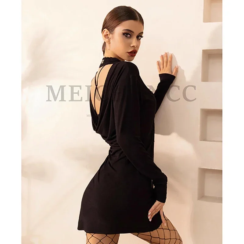 Latin Dance Clothes Female Adult Black Lace Long Sleeves Shirts Cardigan Cha Cha Rumba Samba Dance Dress Practice Wear DNV19197