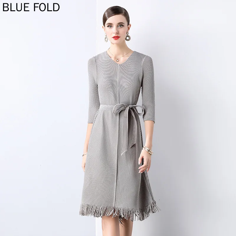 MIYAKE Pleated Dress Autumn Fish Scale Large Size Light Luxury Mid-length Dress Tassel Three-quarter Sleeves PLEATS High Quality