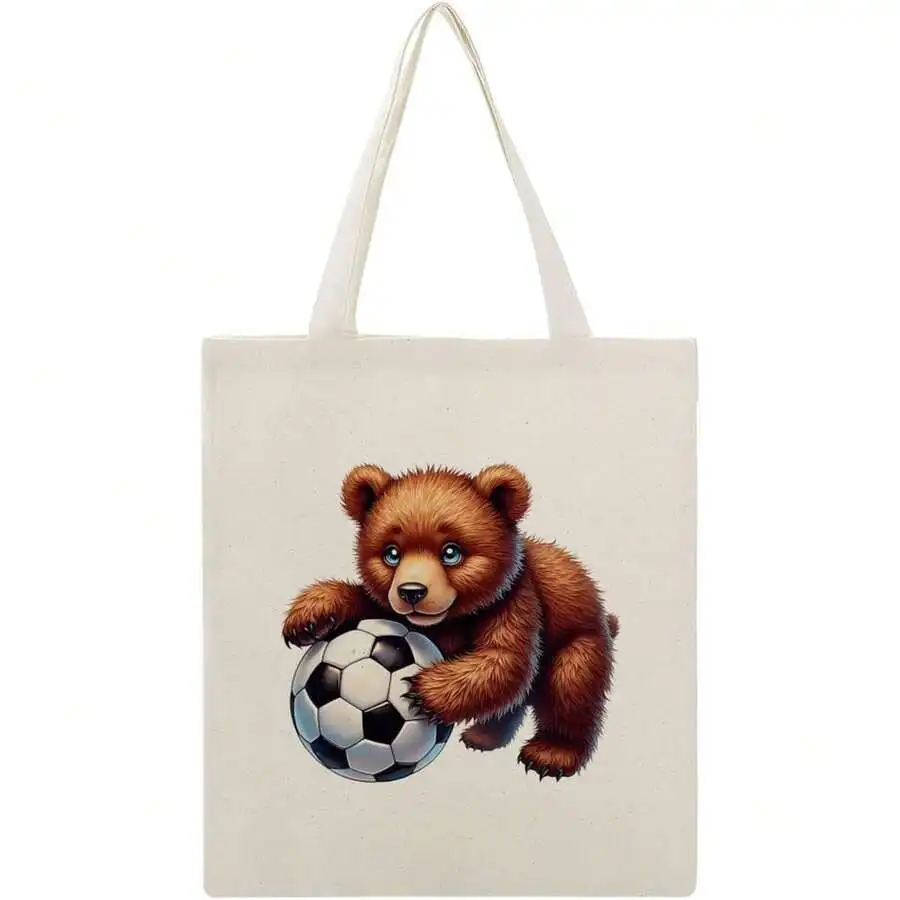 

Canvas Tote Bag With Bear And Soccer Ball Print Casual Reusable Shopping Bag For Women