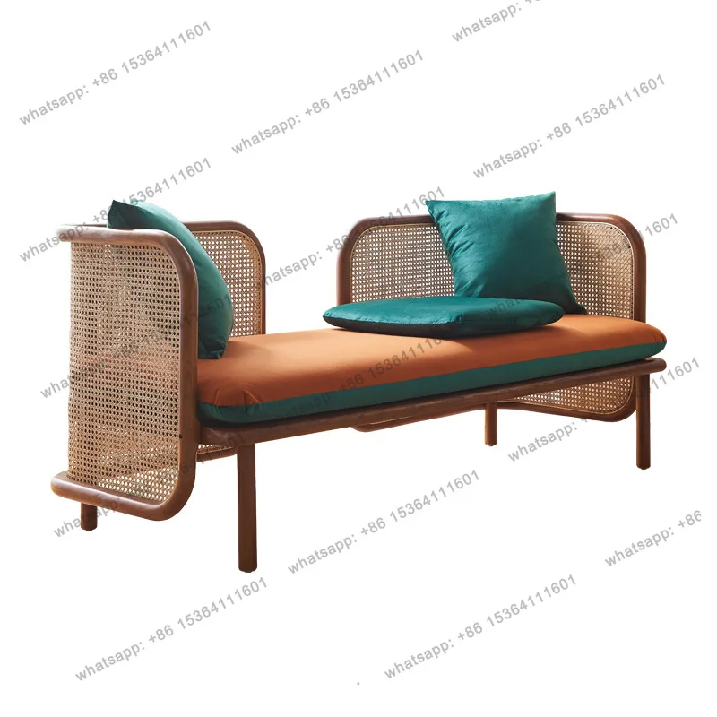 Rattan sofa household simple solid wood sofa wabi sand wind chaise longue