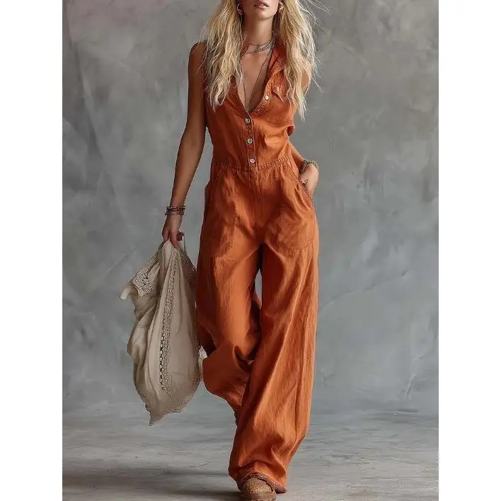 European And American Casual Fashion Jumpsuit Women 2026 New V-Neck Front Button Sleeveless Linen Jumpsuit