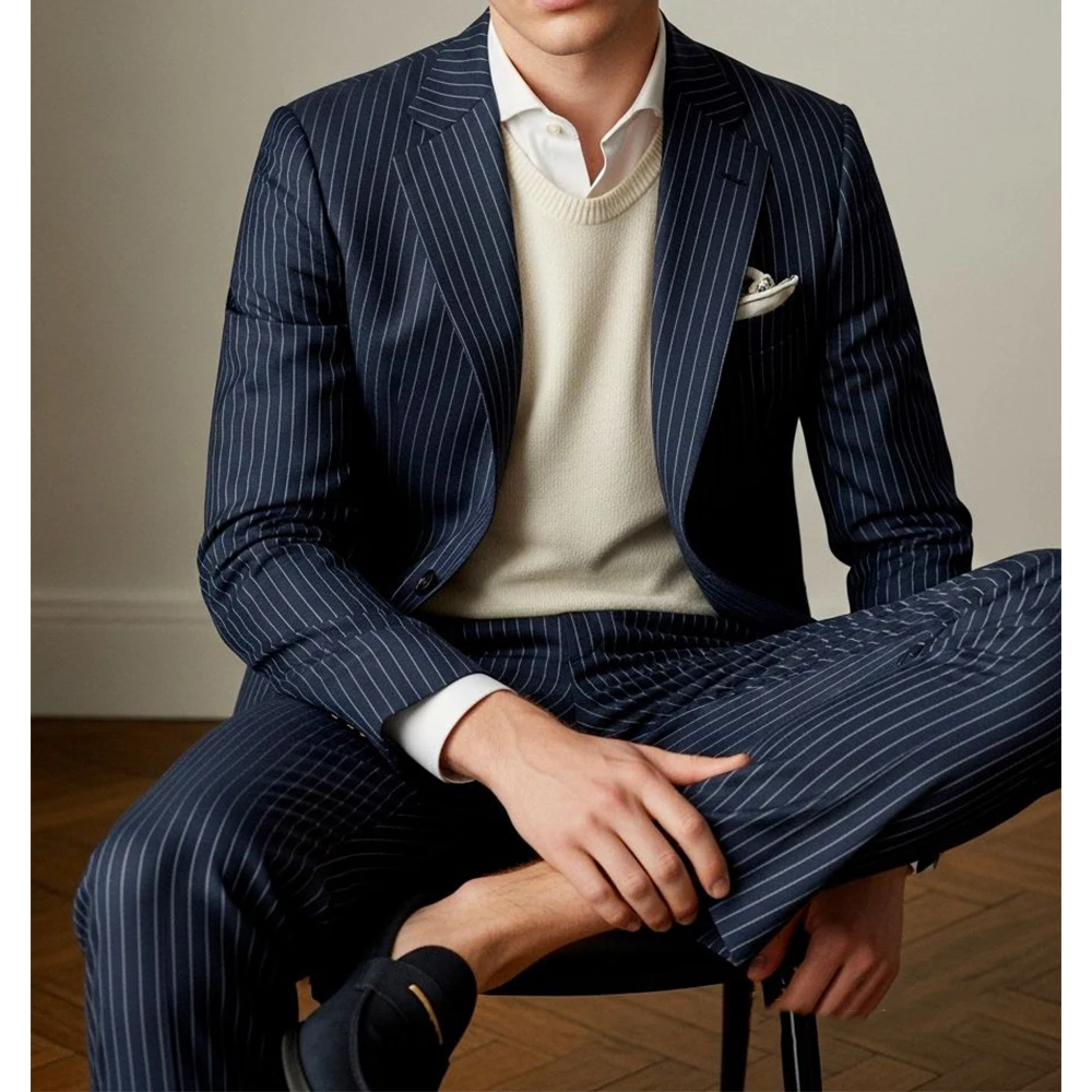 

Men's Striped Suit 2 Piece Set Single Breasted Slim Fit Comfortable Elegant Business Blazer Pants Wedding Groom Formal Attire Fa