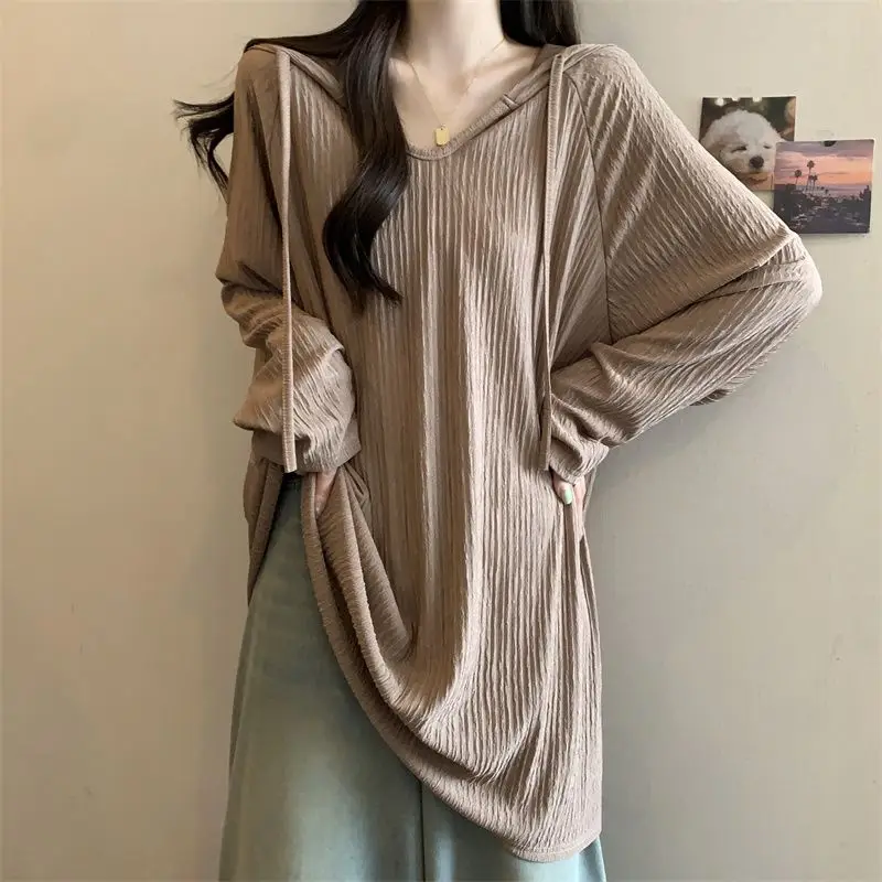 Women Trendy Simple Casual Oversize Hooded T-shirt Korean Solid V Neck Long Sleeve Tees Textured Chic Tunic Tops Female Clothing