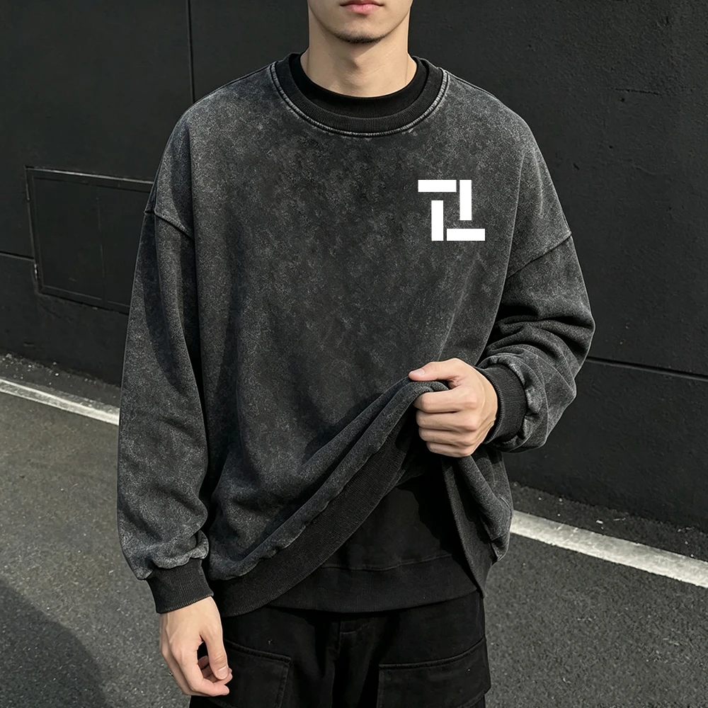 Men Vintage Washed Black Crew Neck Sweatshirt Geometric Blocks Print Long Sleeve Loose Pullover For Daily Casual Streetwear Tops