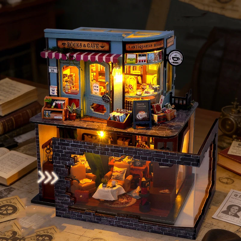 DIY Wooden Book Cafe Detective Studio Figurines Miniatures Bookend Assembled Houses for Friends Birthday Gifts Home Decoration