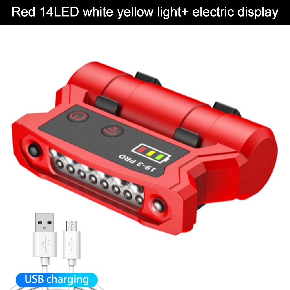 USB charging 14led white + yellow light induction headlamp electric display fishing cap clip lamp