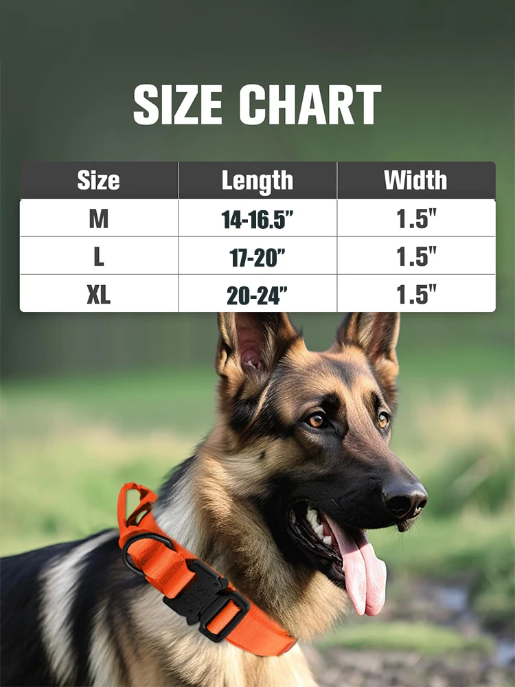 Orange Tactical Dog Collar with Handle Metal Buckle Military Dog Collar and Leash Set Adjustable Tactical Collars for Large Dogs