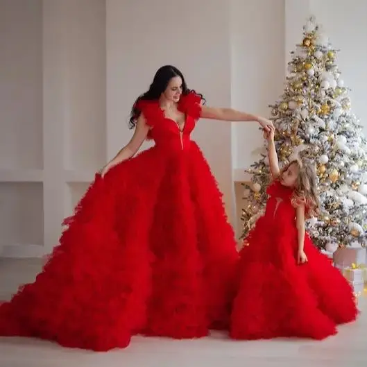 Red Gorgeous Ball Gown Evening Dresses For Family Portrait Photography Mommy and Me Matching Dresses Mother Daughter Party Gown