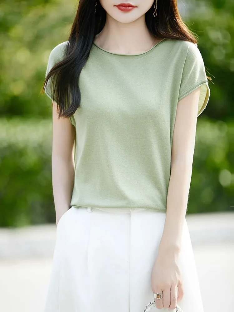 تي شيرت Ele بسيط محبوك مستدير Ne تي شيرت نسائي فضفاض للتخسيس ort Sve Top Commute Sle لون نقي صيفي Faion