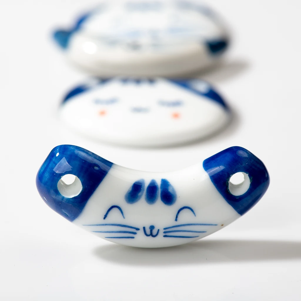 Handmade Kitten Blue And White Ceramic Pendant Cute Cartoon Animal Porcelain Beads Necklace Accessories Wholesale Z004