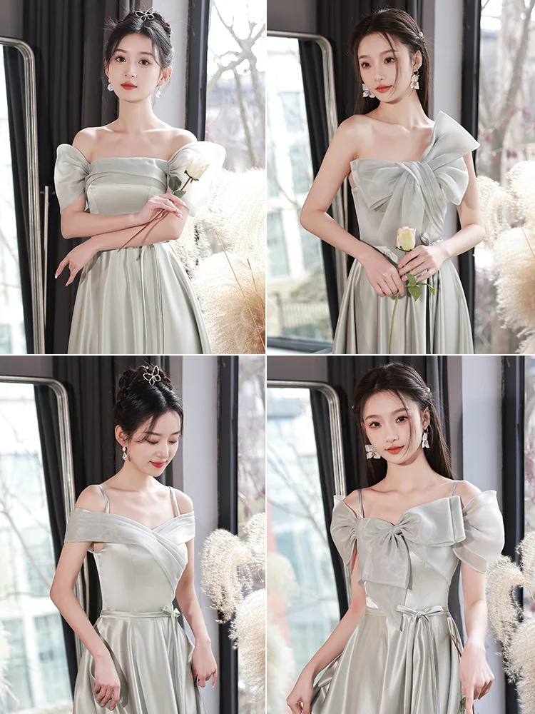 Grey Satin Bridesmaid Dress Bow Decor Belt New Summer Long And Medium Long Sisters Group Dress Girls Prom Evening Dress