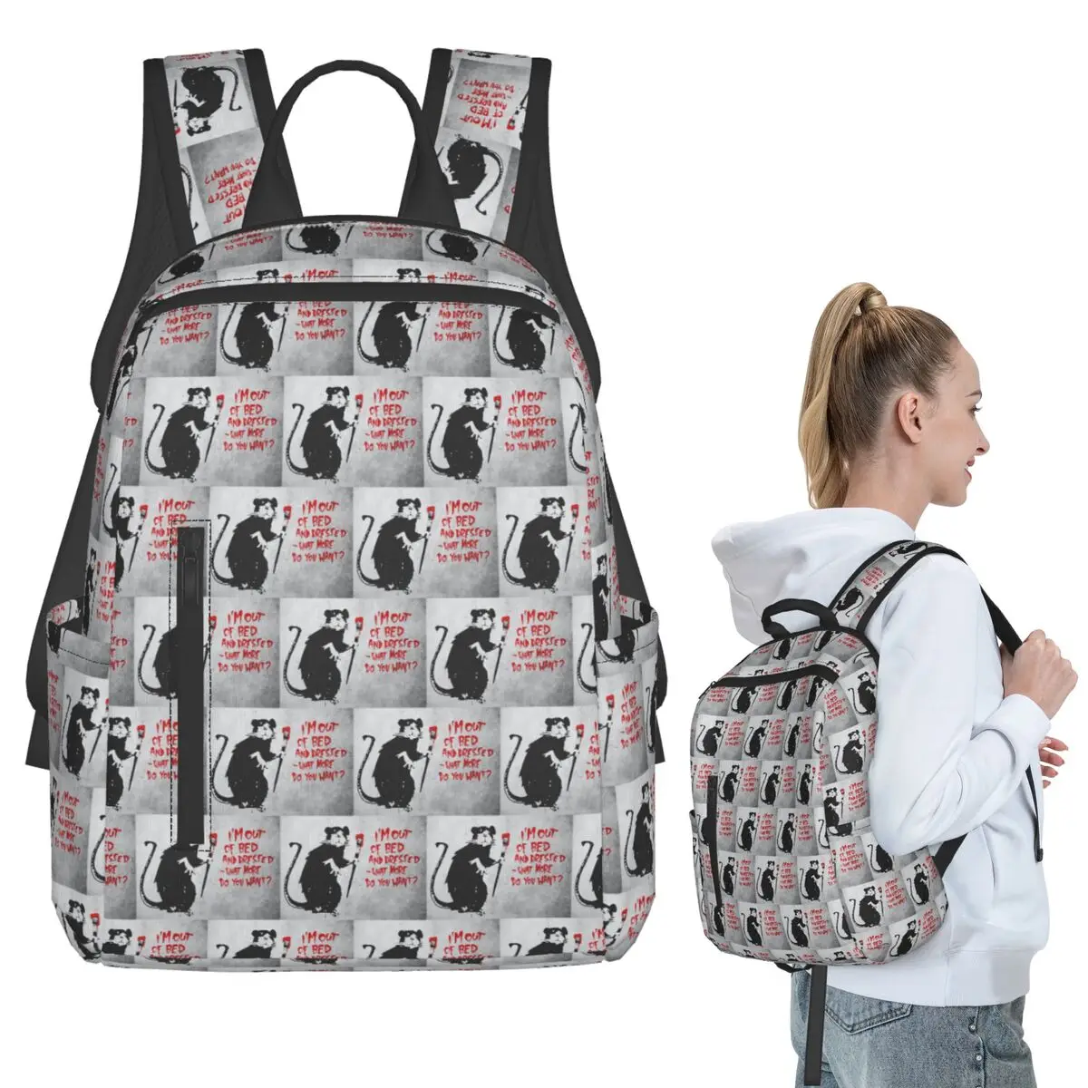 

BANKSY Out Of Bed Rat Backpack Student BookBag Kids School Bag Computer Shoulder Bags Men Women