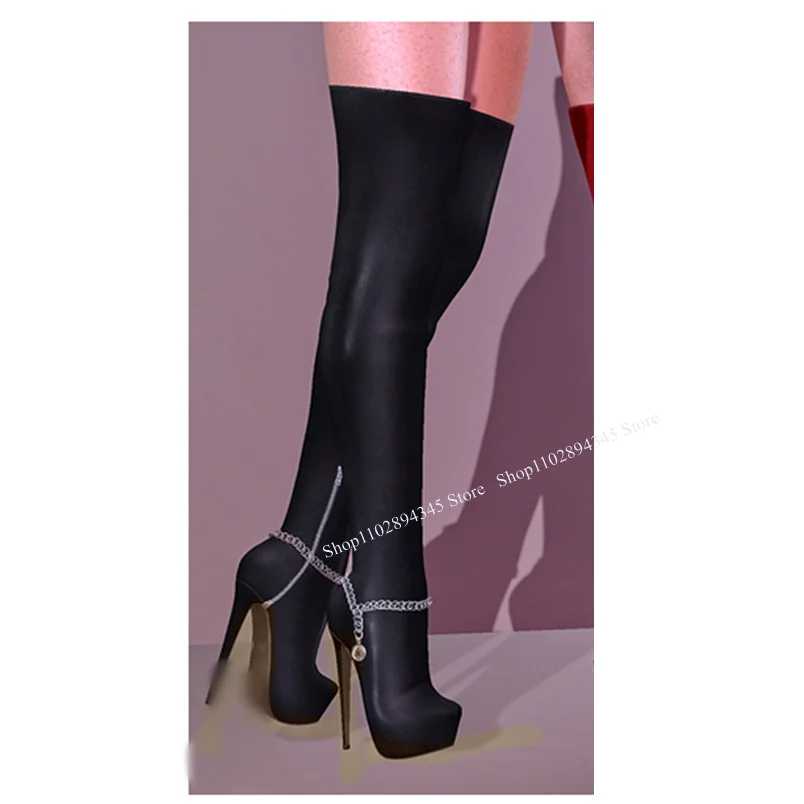 

Black Chain Over Knee High Boots Pointed Toe Thin High Heel Fashion Sexy Cool Western Winter Woman Shoes Zapatillas Mujer