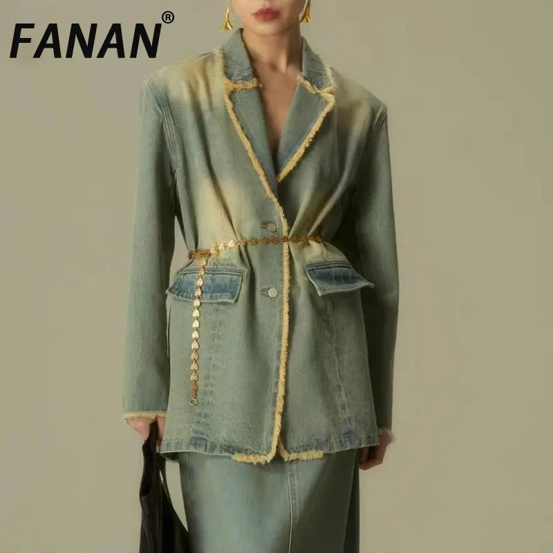 

FANAN Vintage Washed Tassel Denim Blazers For Women Lapel Single Breasted Long Sleeve Streetwear Female Coats 2025 Autumn New
