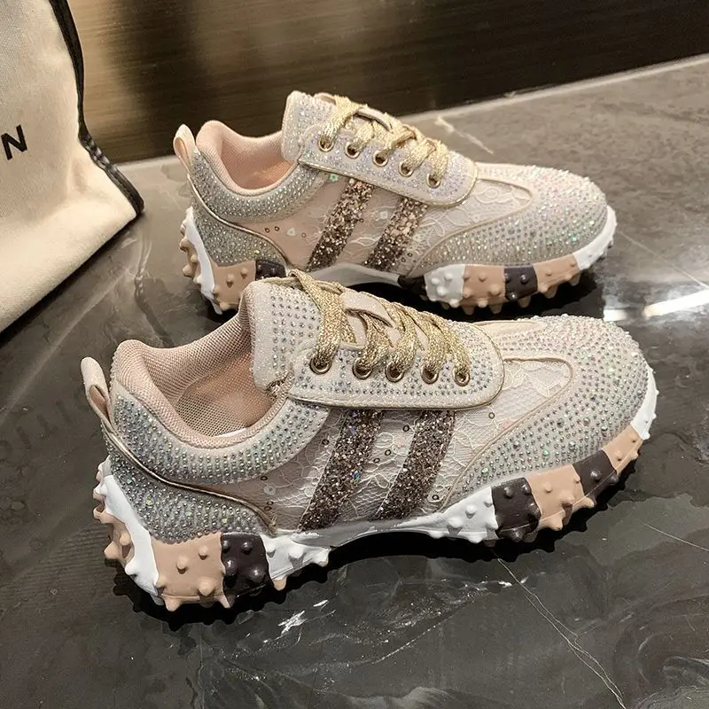 

Luxury Brand Shoes Woman Design Stripe Rhinestones Ladies Sneakers Summer Breathable Comfortable Lace Lace-up Tenis Fashion 2025