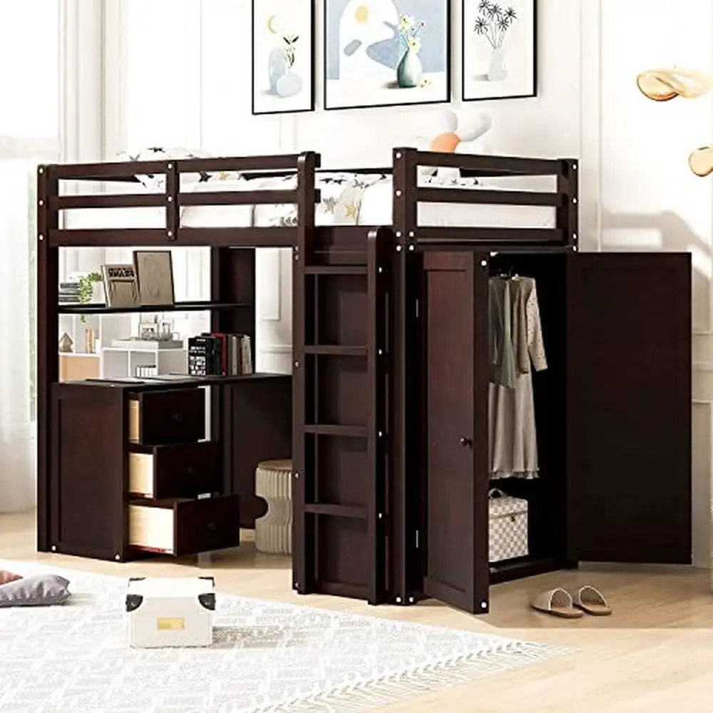 Twin Size Loft Bed with Desk and Wardrobe Storage Drawers Contemporary Wooden Loft Bed Boys Girls Teens Space Saving Design