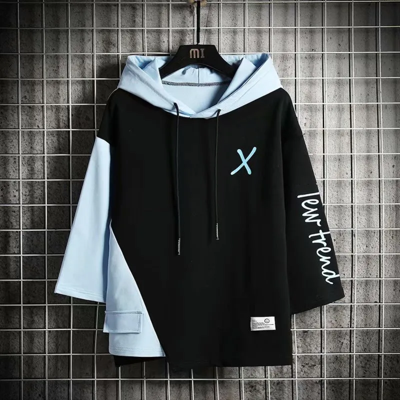 Loose Fit Men's Hoodie Short Sleeve T-Shirt Color Block Design Casual Streetwear Hip Hop Style Spring Summer Fashion Top