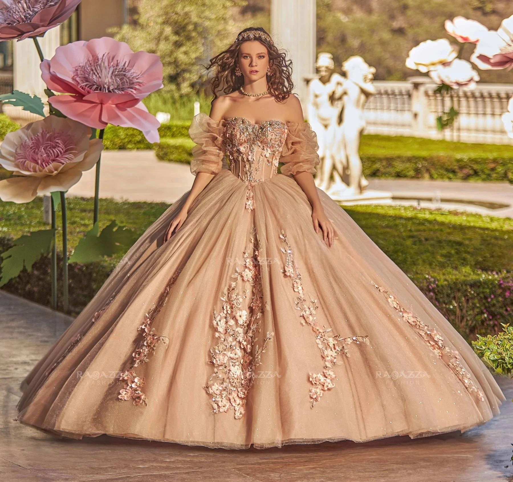 Vestidos de Quinceañera de princesa champán, vestido de baile, Media manga, Floral, cuentas, dulces 16, 15 Años, mexicano