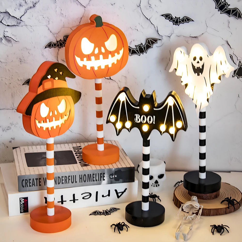 Halloween Decoration Halloween Wooden LED Light Pumpkin Ghost shape Night Light Table Decor Haunted Houses Halloween Home Decor