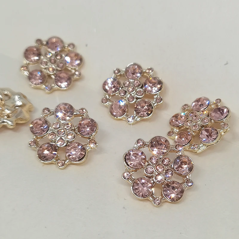 18/25MM Gold Pink Rhinestone Flower Metal Buttons Of Clothing 6Pcs Luxury Big Shinny Diamond Fashion Decor Button For Women Coat