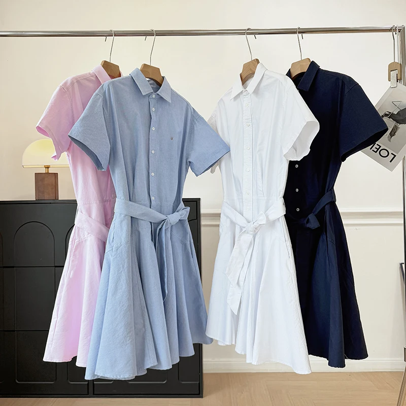 Summer New American Style Embroidered Collar Waist Cinched Oxford Cloth Short Sleeve Shirt Dress Women's City Commute