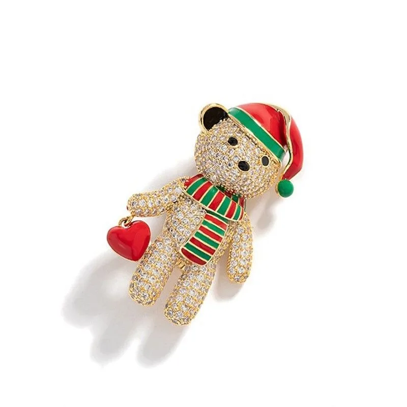 2026 New Korean Style Premium Christmas Rhinestone Micro Inlay Zircon Bear Brooch Pin Elegant Women Coat Lapel Pin Jewelry Gift