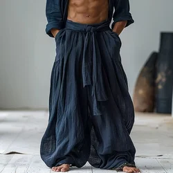Indie Folk Tie-up Streetwear Men's Pants Vintage Simple Casual Pure Cotton Linen Elastic Waist Loose Casual Pants Vintage Outfit
