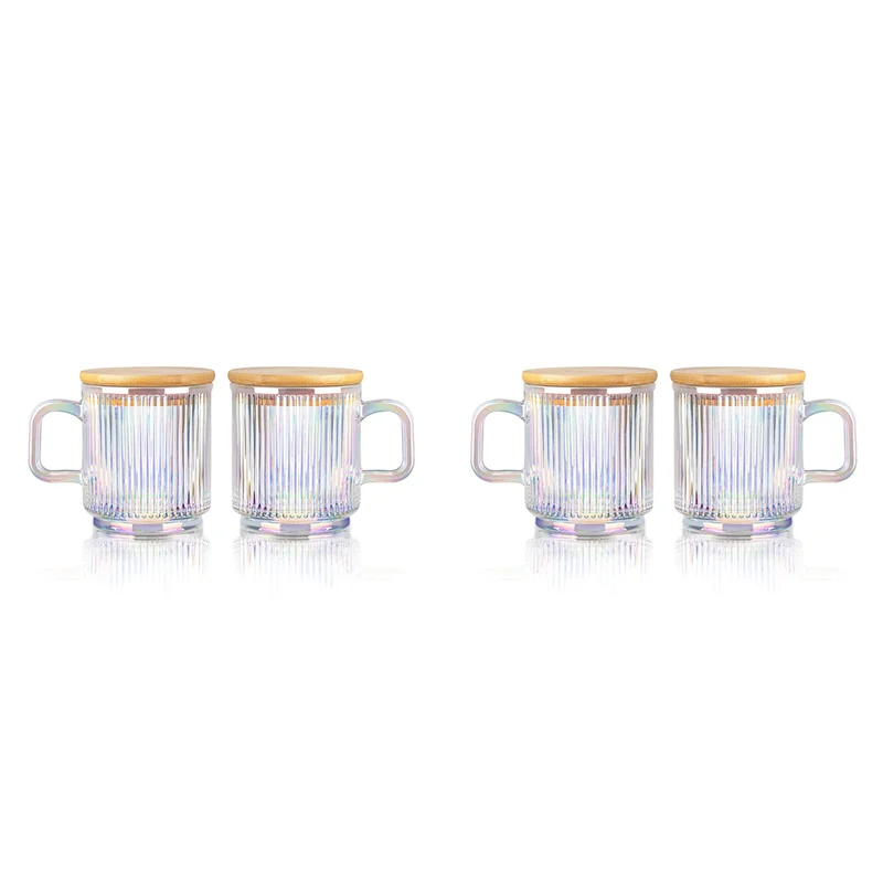

HGHO 4Pc Glass Coffee Cup With Lid Glass Coffee Mugs Ribbed Coffee Glasses With Handle For Latte Cappuccino Tea Milk A