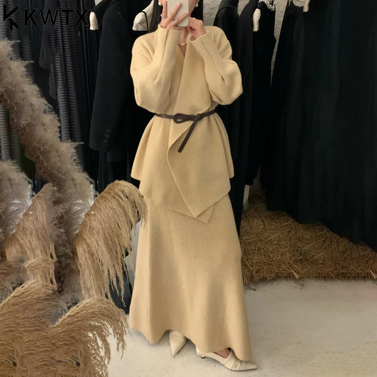 

KWTX Women's Two Piece Set Solid Color Knit Cardigan Skirt Belted Lapel Collar Irregular Design Vintage New Autumn Winter 2025