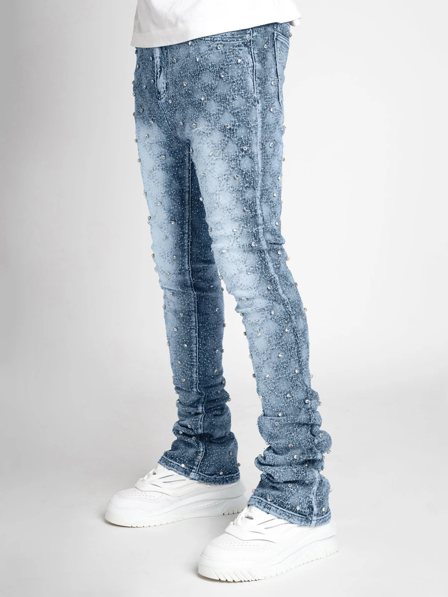 Jeans Skinny da uomo Fit Fashion strass Streetwear pantaloni in Denim con tasche pantaloni Hip Hop Club