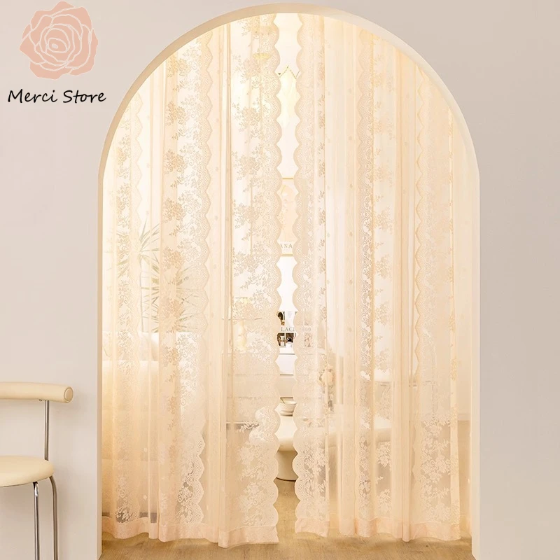 

Merci Store French Lace Cream Gauze Arched Door Partition Tulle Curtain for Living Room Girls Bedroom Window Drapes Custom