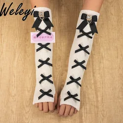 Japanese Cute Accessories Mine Bow Arm Warmer Y2k Long Knitted Hand Sleeve Fall Mass Production Elastic Yarn Gloves Oversleeve