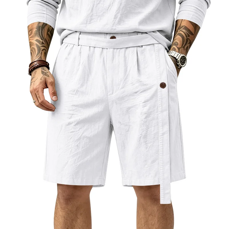 Men Cotton Linen Button Waist Side Strap Decor Pleated Front Loose Knee Length Summer Shorts