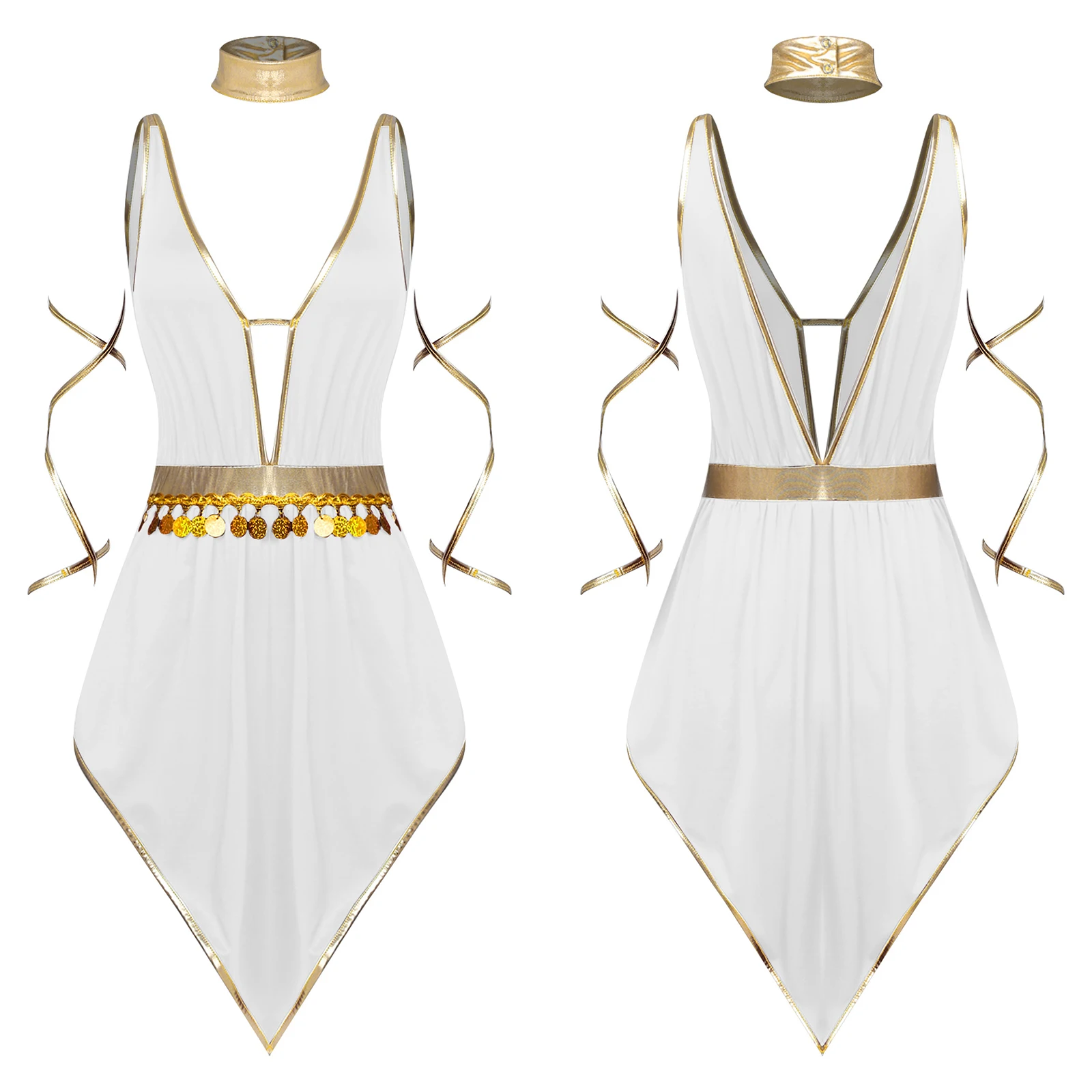 

Women Ancient Greek Princess Costumes V Neck Tunic Dress with Built-in Briefs And Choker Arm Bands for Halloween Cosplay Party