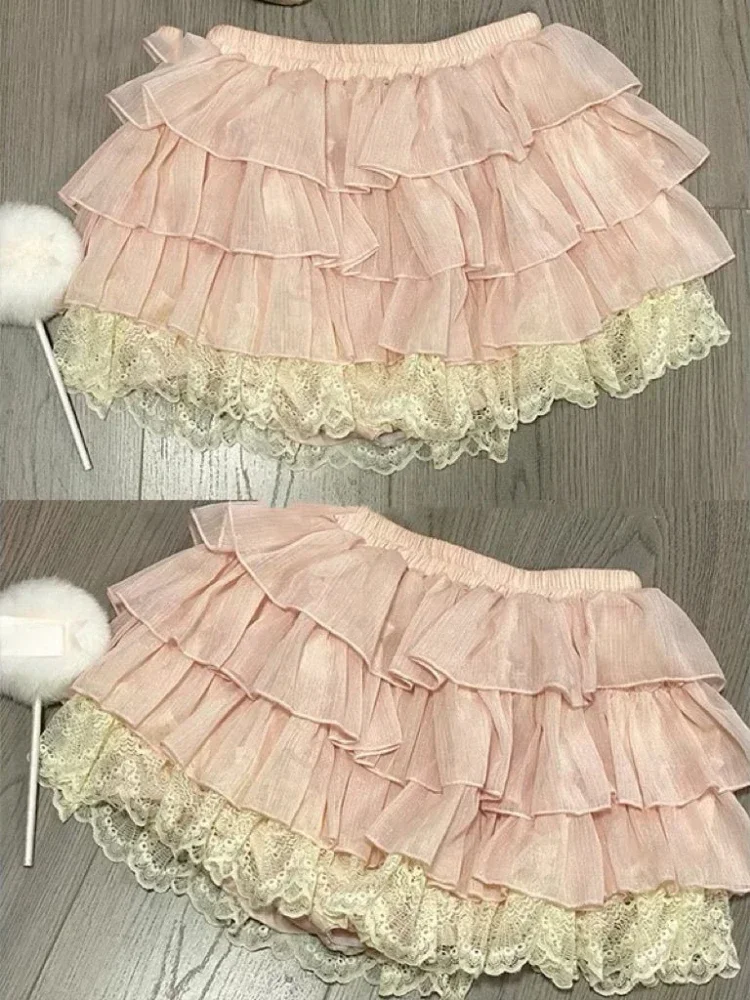 Summer Japanese Sweet Lace Patchwork Mini Skirt Women Low Rise Kawaii Lolita Ruffle Dance Skirt Y2K Streetwear Fairy Cake Skirt