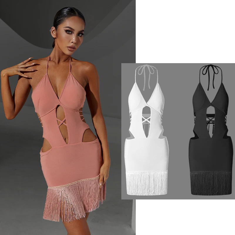 3 Colors Sexy Hanging Neck Lace Cut-Out Latin Dance Dress Women Latin Fringes Dress Adults Professional Salsa Dresses SL7956