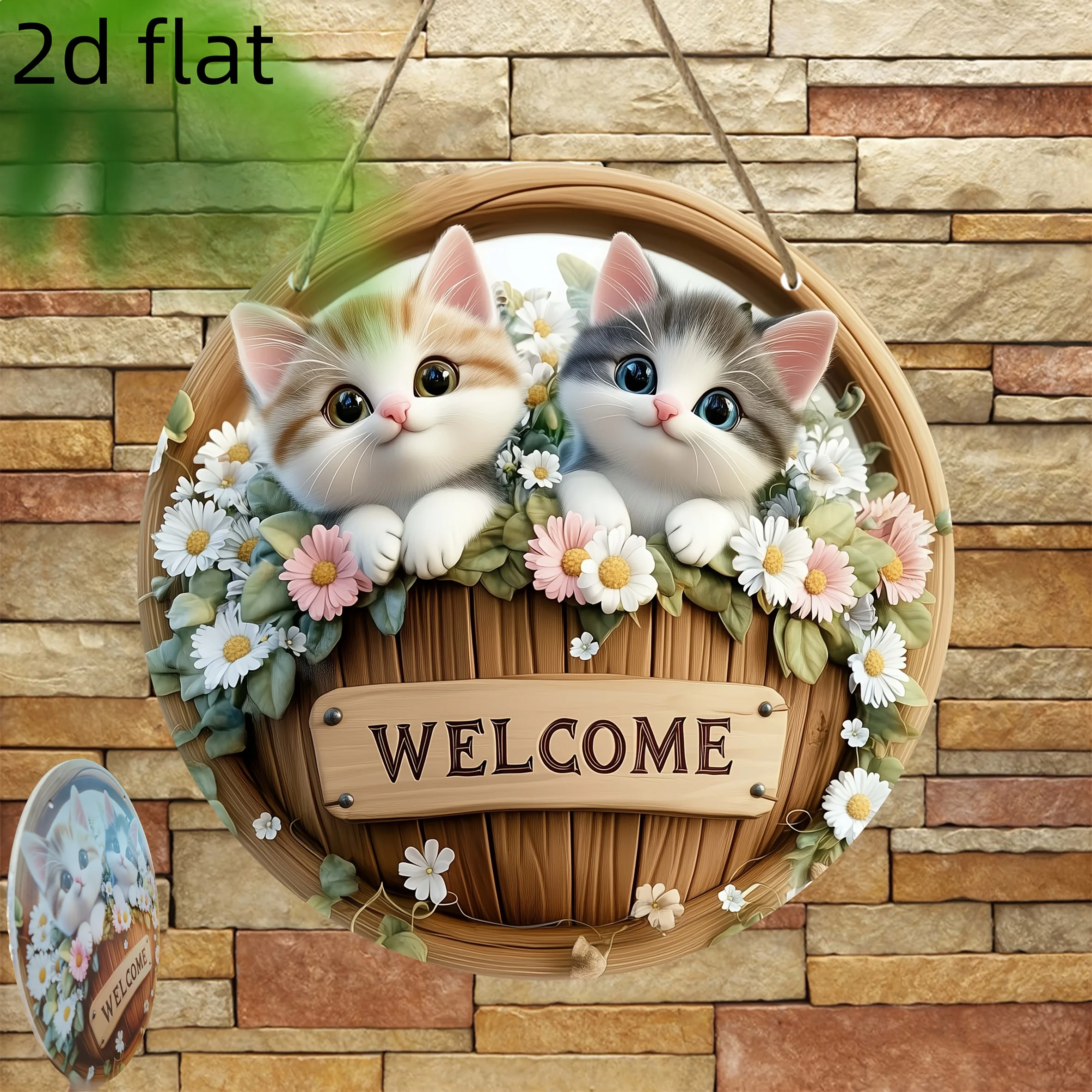 2D Flat, 1pc Cute Cat Welcome Hanging Decorative Sign - 8.0X8.0 inch Recycled Wooden Wall Art with Adorable Kitten And Floral De