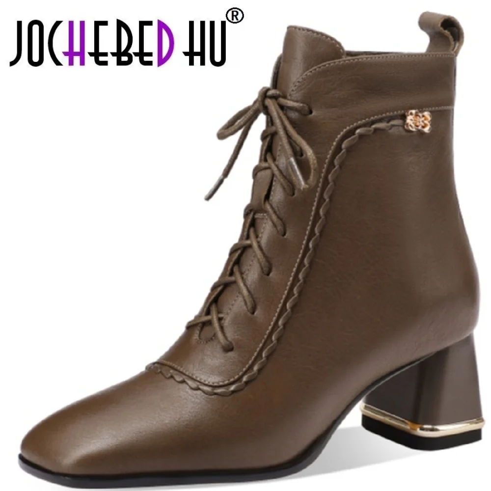 JOCHEBED HUWoman Handmade Genuine Leather Soft and comfortable Ankle Boots Ladies Casual Shoes Modern Square Toe 33-43