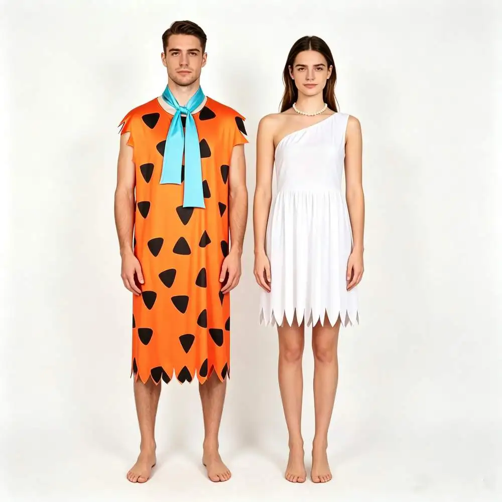 Costume da coppia Fred e Wilma dei Flintstones per adulti, costume cosplay per uomo e donna, costume da uomo delle caverne per Halloween, abito elegan
