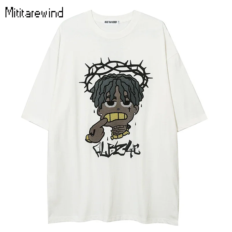 

Summer New Men's T-Shirts Hip Hop Japanese Streetwear Oversized Tshirt Cotton Short Sleeve Cartoon Print Ugly Shirt Youth Tees