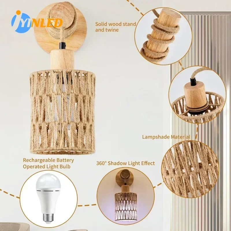 

1/2pcs Wood Rustic Wall Lamp Farmhouse Wall Mount Lighting for Hallway Living Room Bedroom Wall Lights for Hotels Rattan Sconce